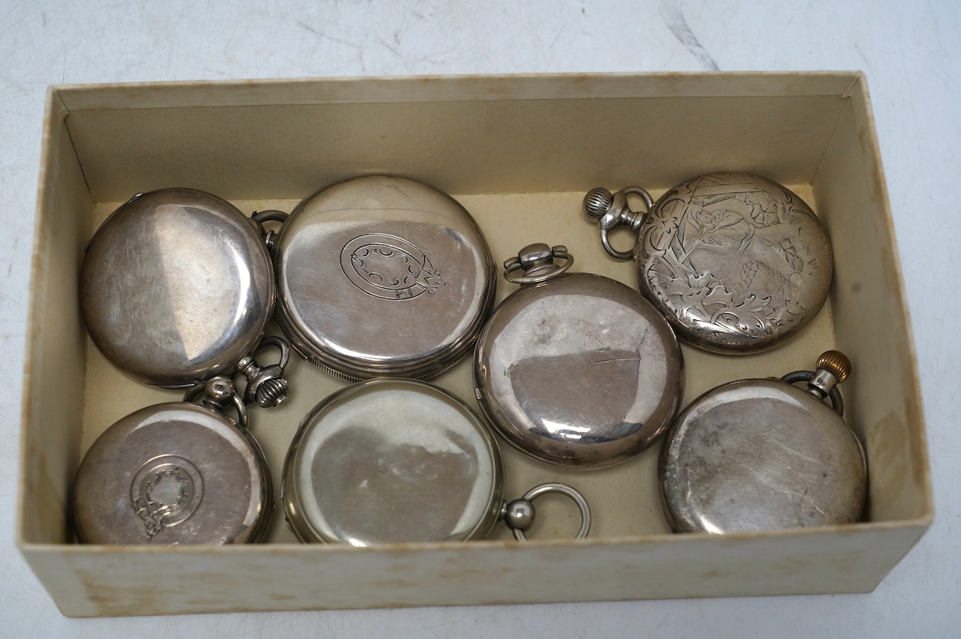 A small collection of seven assorted silver open face pocket watches including a Victorian chronograph and pair case by Mayo of Coventry. Condition - fair